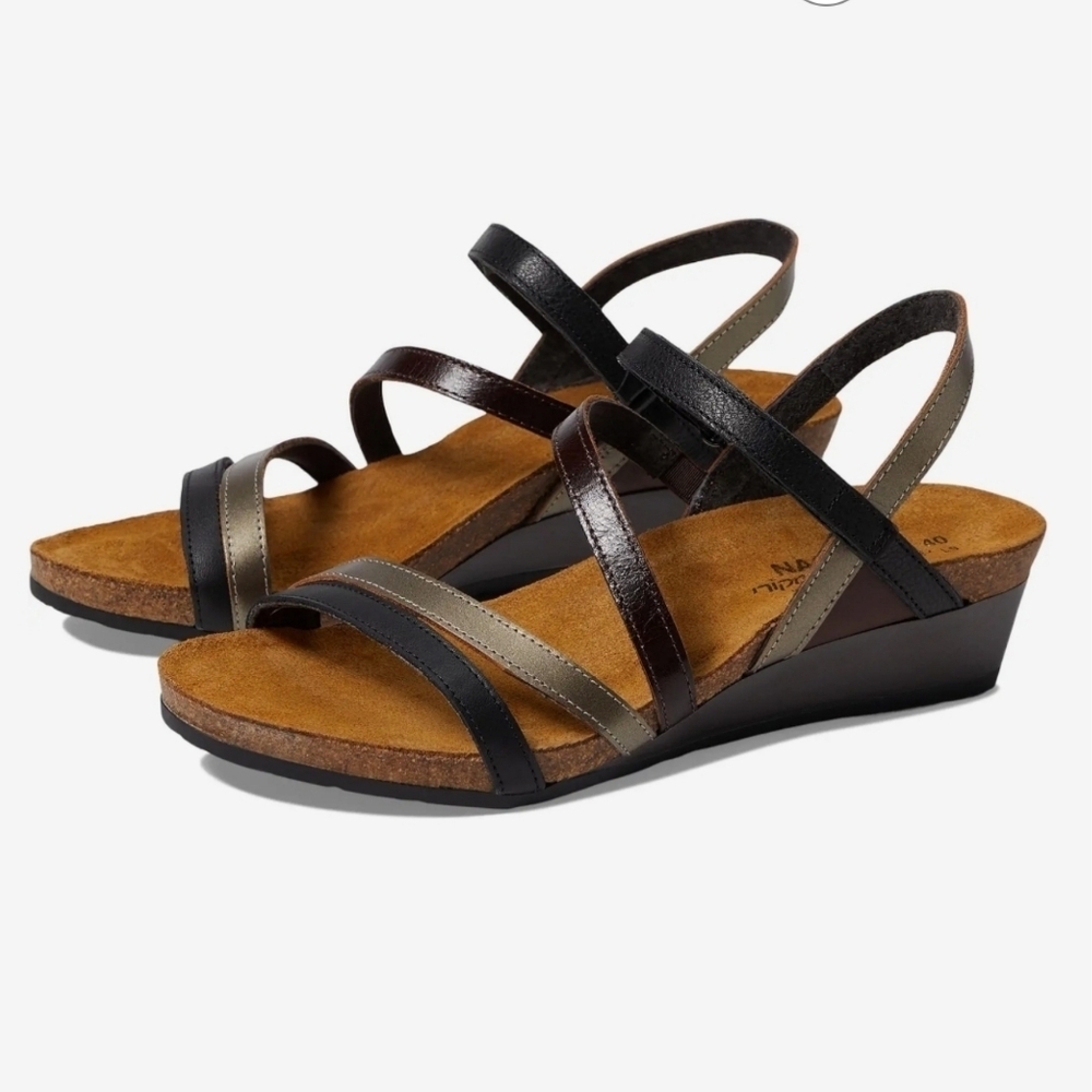 Naot Womens EU 42 US 11 Hero Black/Walnut Leather Wedge Strappy Sandals